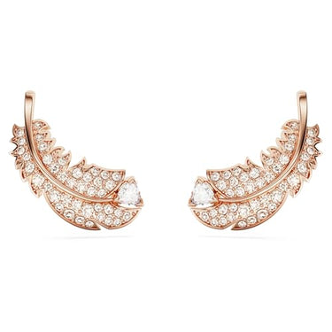 Swarovski Nice Stud Earrings, White and Rose Gold Plated Feather Earrings with Radiant Swarovski Crystals on Sale